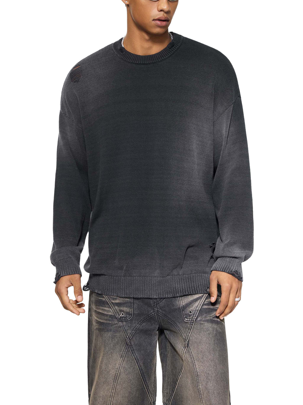 Sun Fade Distressed Ripped Crewneck sweater